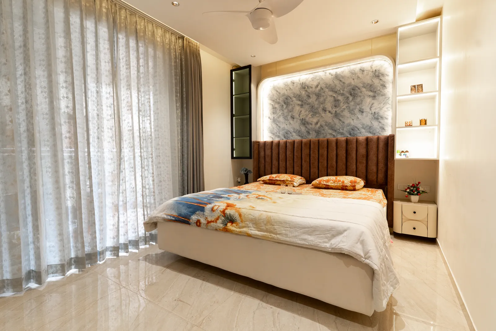 Bedroom with channel-tufted headboard and backlit wallpaper panel — Arna's Home